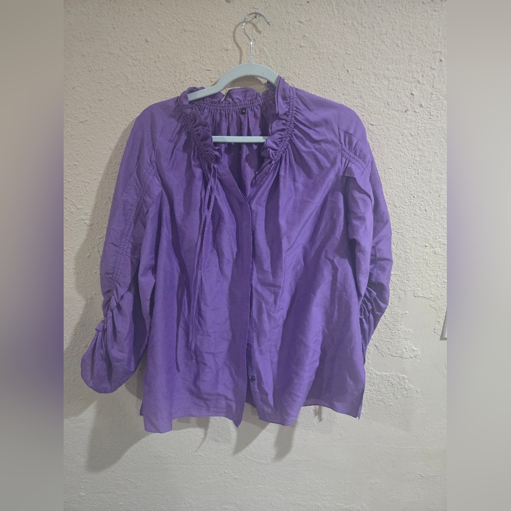 Kobi Halperin pull tie button front blouse, 30% Silk, Purple, Size Medium